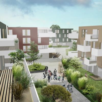 Wohnquartier Stifterstraße, Modell-Ansicht von der Trasse auf den Hof – LCB Planung GmbH.